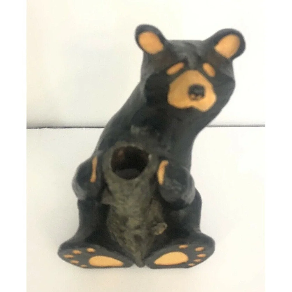 Bearfoots Jeff Flemming Figure Black Bear Holding Tree Stump Candle Holder